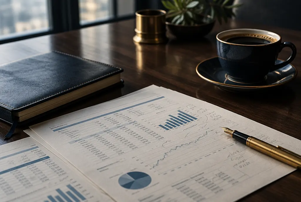 Estados financieros y flujo de caja revisados en una mesa de juntas